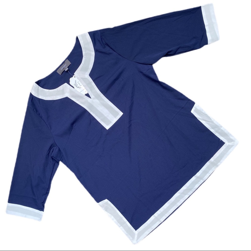 SAWYER Navy White Trim Three Quarter Sleeve Blouse